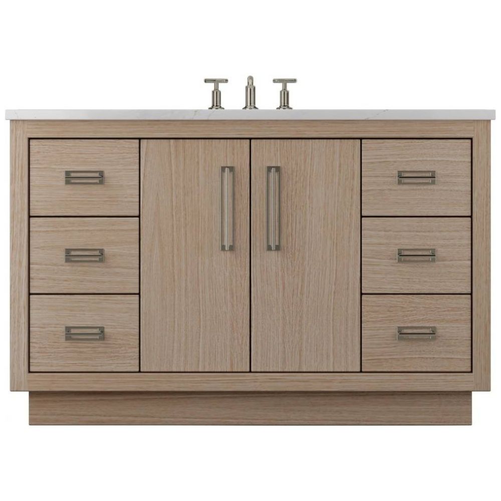 Wooden bathroom vanity with white countertop and silver fixtures on a white background