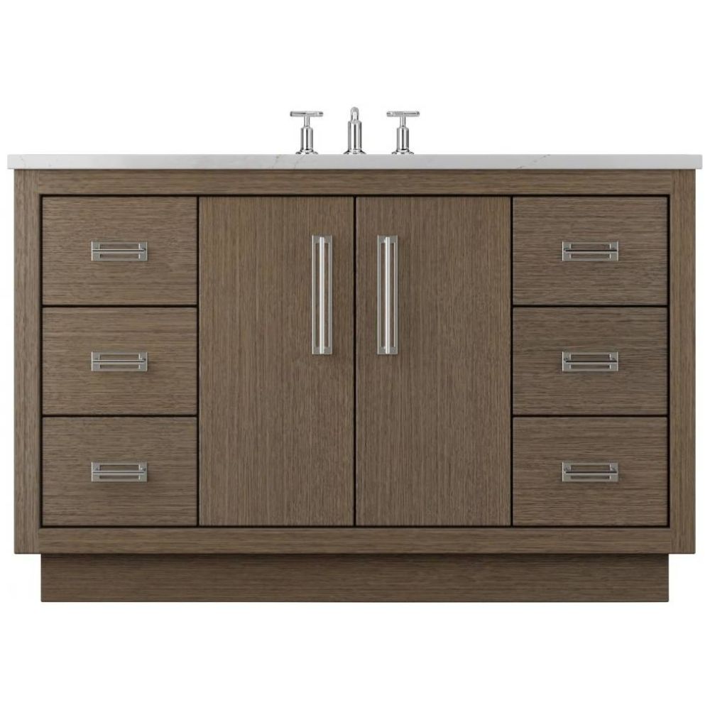 Wooden bathroom vanity with white countertop and silver fixtures on a white background