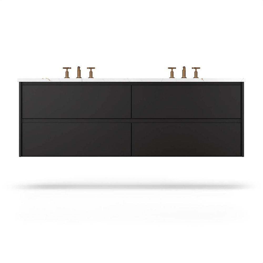 Black bathroom vanity with white countertop on a white background