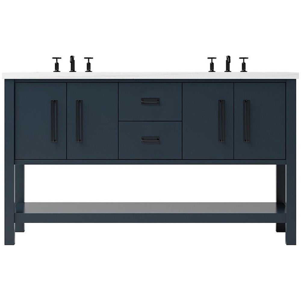 Blue bathroom vanity with black fixtures on a white background