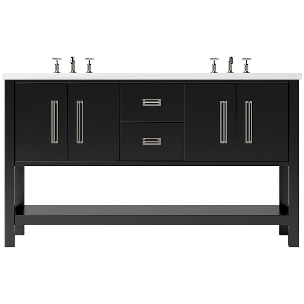 Black bathroom vanity with silver fixtures on a white background