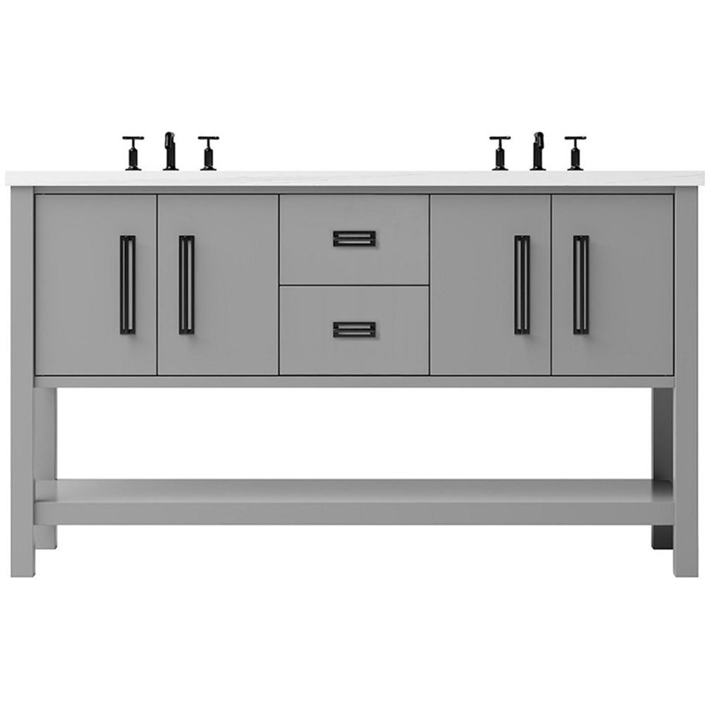 Gray bathroom vanity with black fixtures on a white background