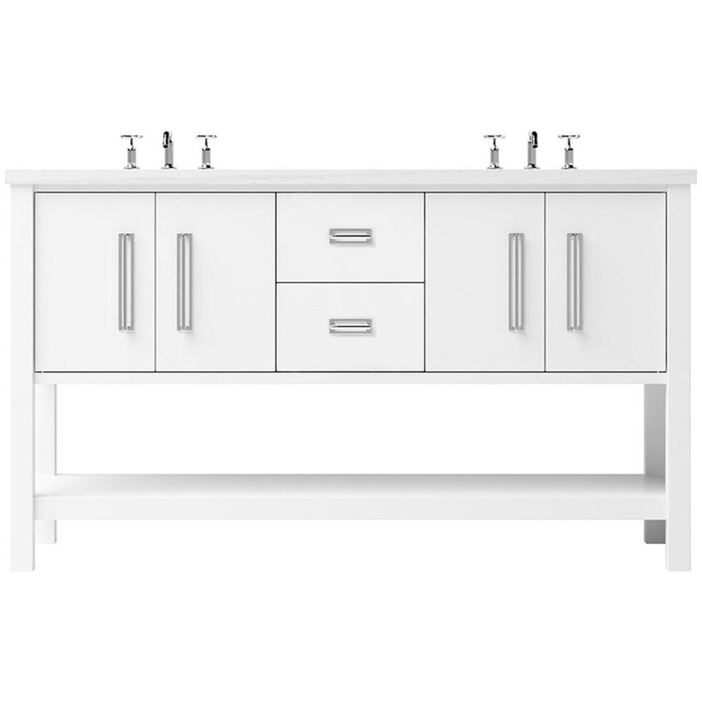 White bathroom vanity with multiple cabinets and drawers on a white background
