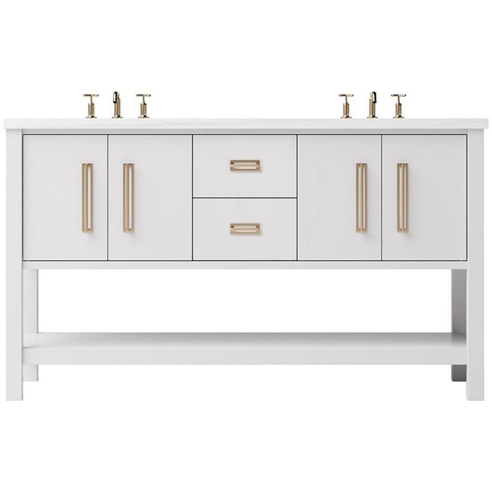 White bathroom vanity with gold handles on a white background