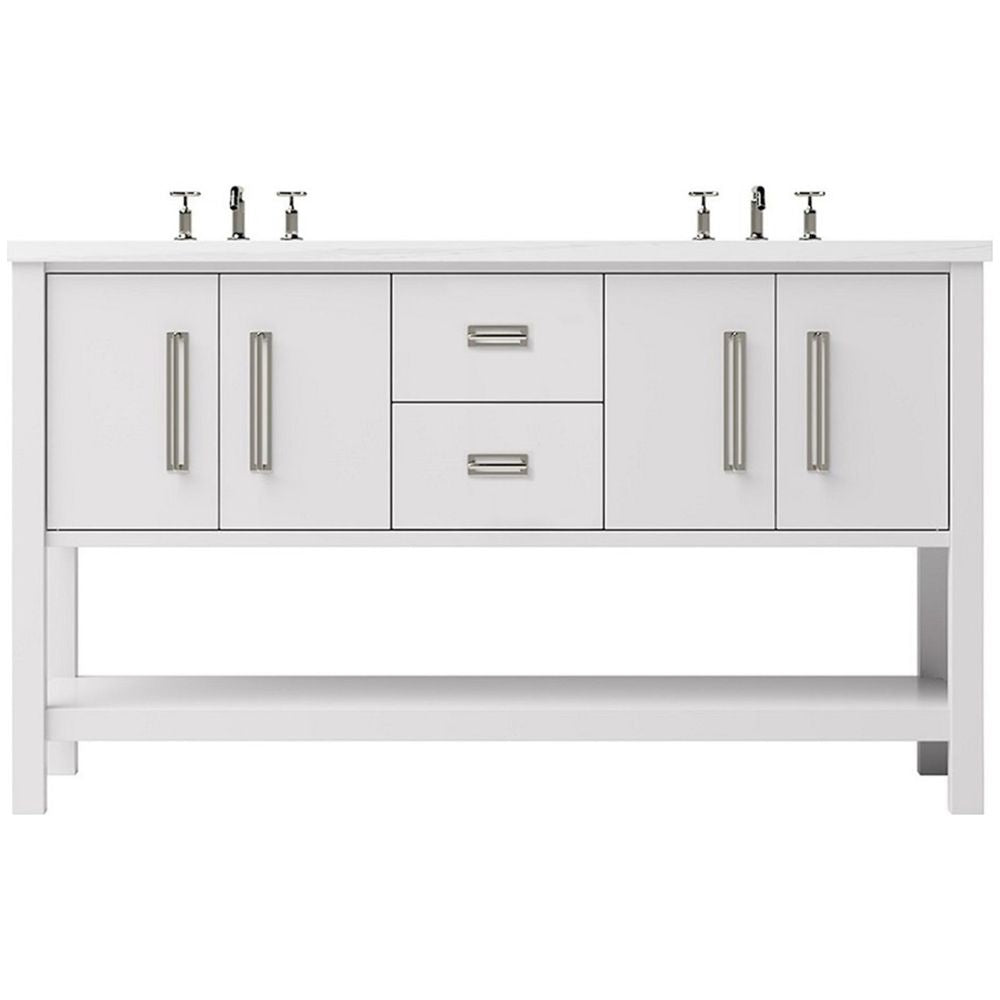 White bathroom vanity with four doors and two drawers, featuring silver handles on a white background.