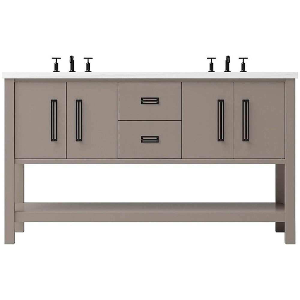 Bathroom vanity with gray cabinets, white countertop, and black fixtures on a white background