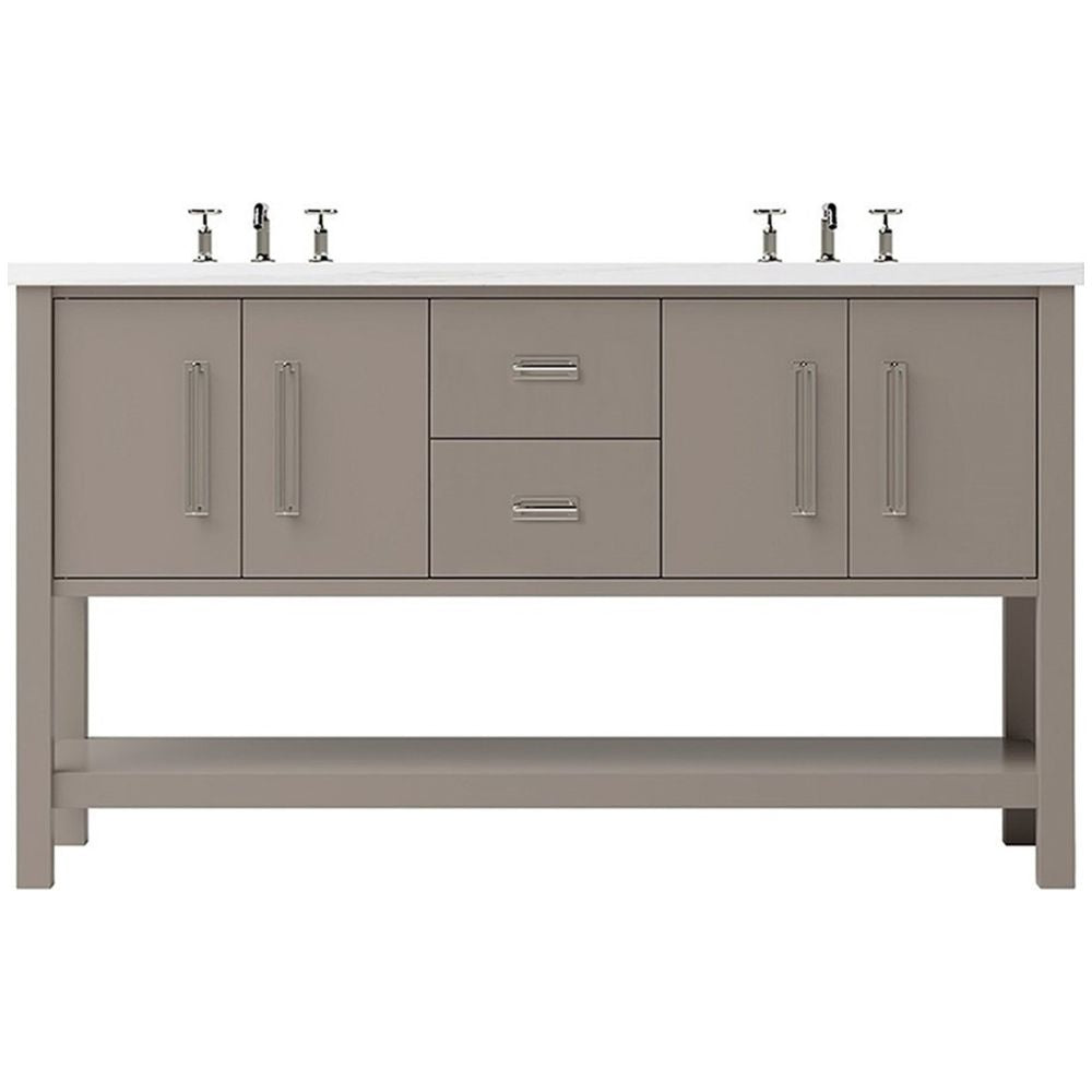 Gray bathroom vanity with white countertop and silver fixtures on a white background