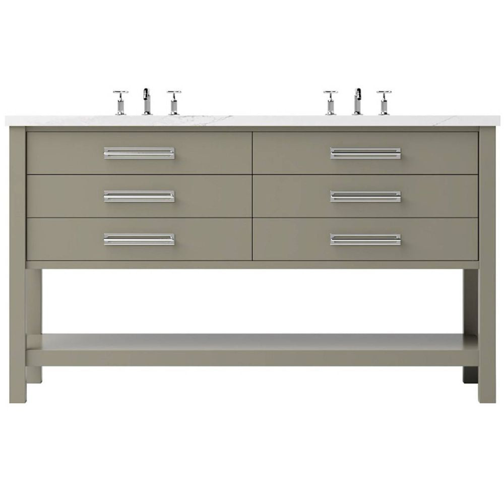 Bathroom vanity with multiple drawers and a white countertop on a white background