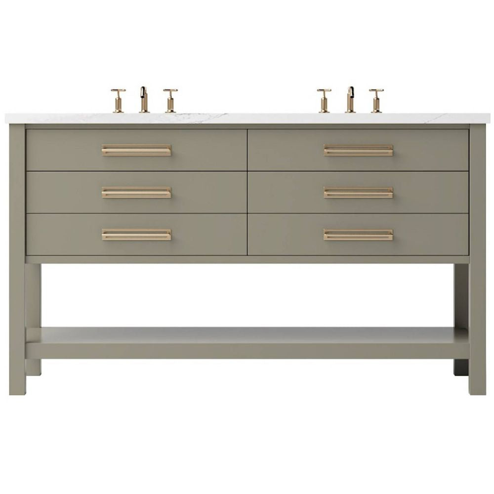 Bathroom vanity with gray drawers and white countertop on a white background