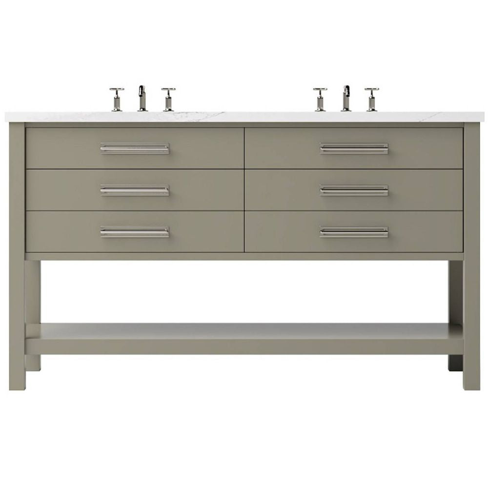 Bathroom vanity with multiple drawers and a white countertop on a white background