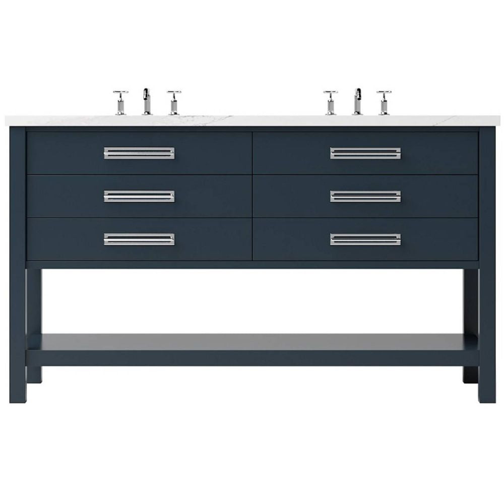 Blue bathroom vanity with white countertop and silver fixtures on a white background