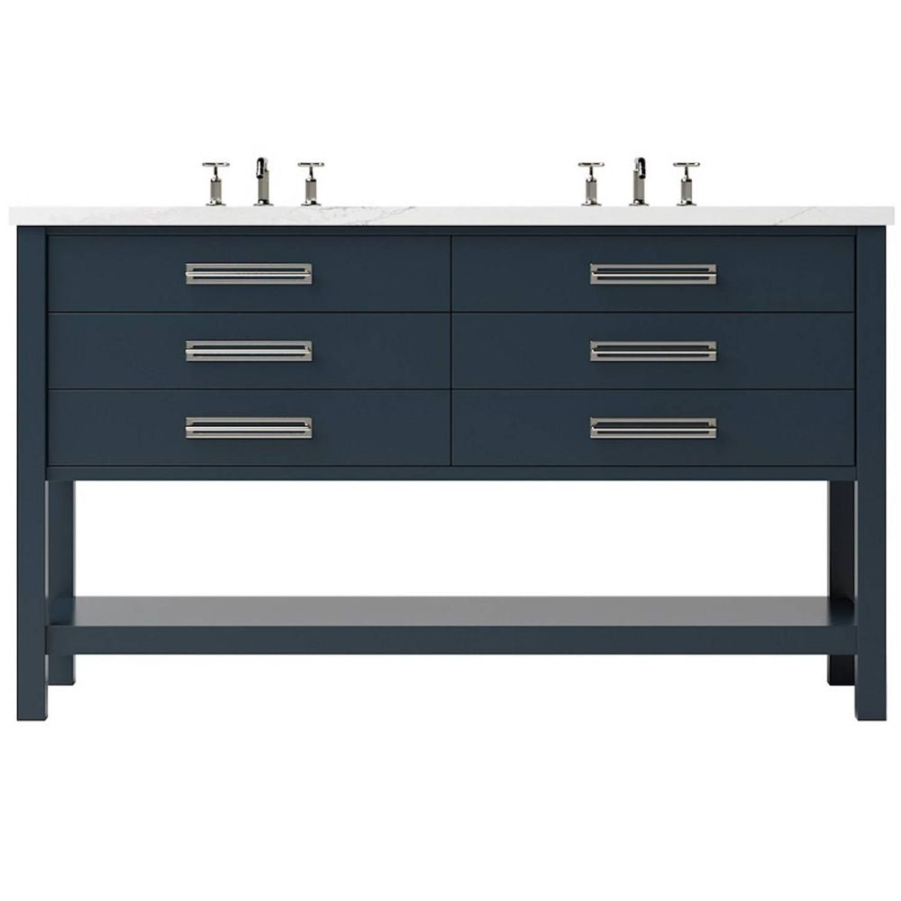 Blue bathroom vanity with white countertop and silver fixtures on a white background