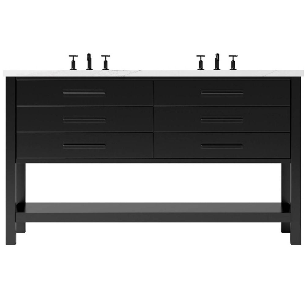 Black bathroom vanity with white countertop on a white background