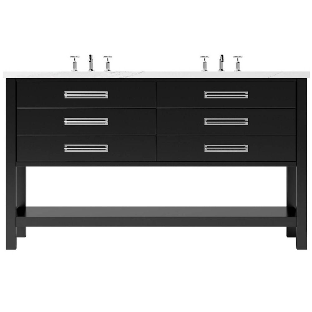Black bathroom vanity with white countertop and silver fixtures on a white background