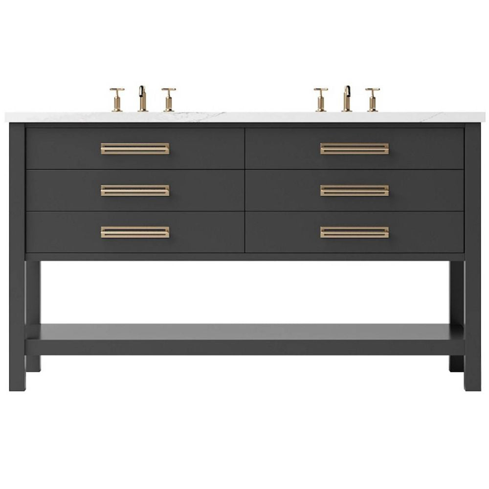 Bathroom vanity with dark gray finish, white countertop, and gold handles on a white background