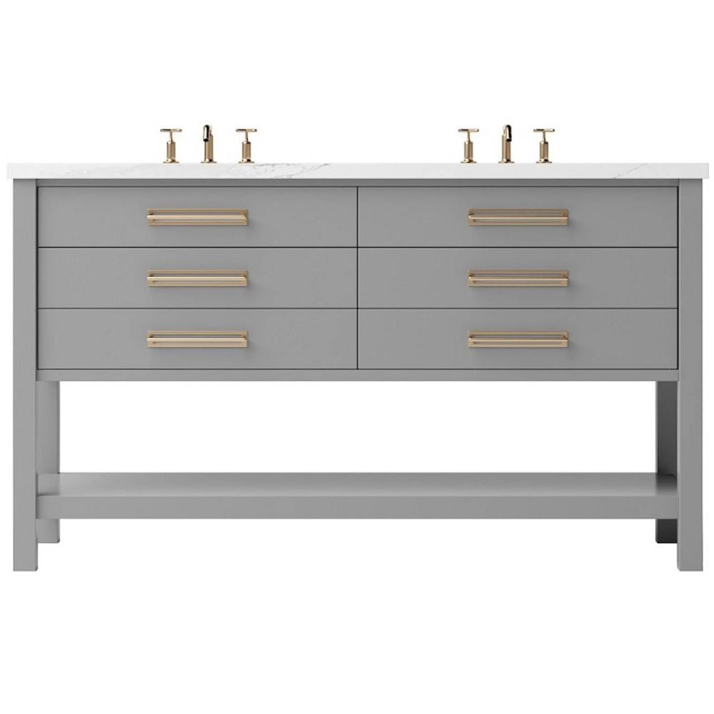 Gray bathroom vanity with gold handles on a white background