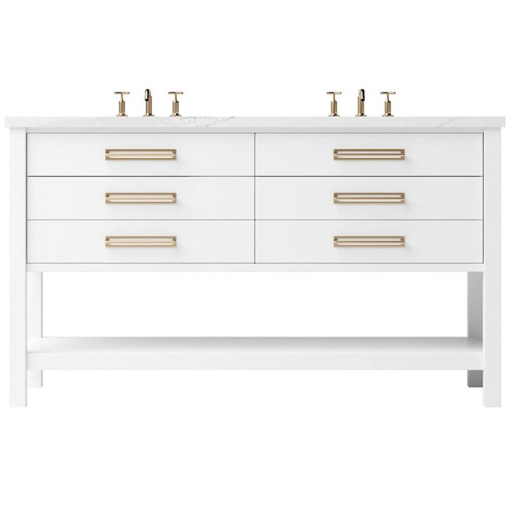 White bathroom vanity with gold handles on a white background