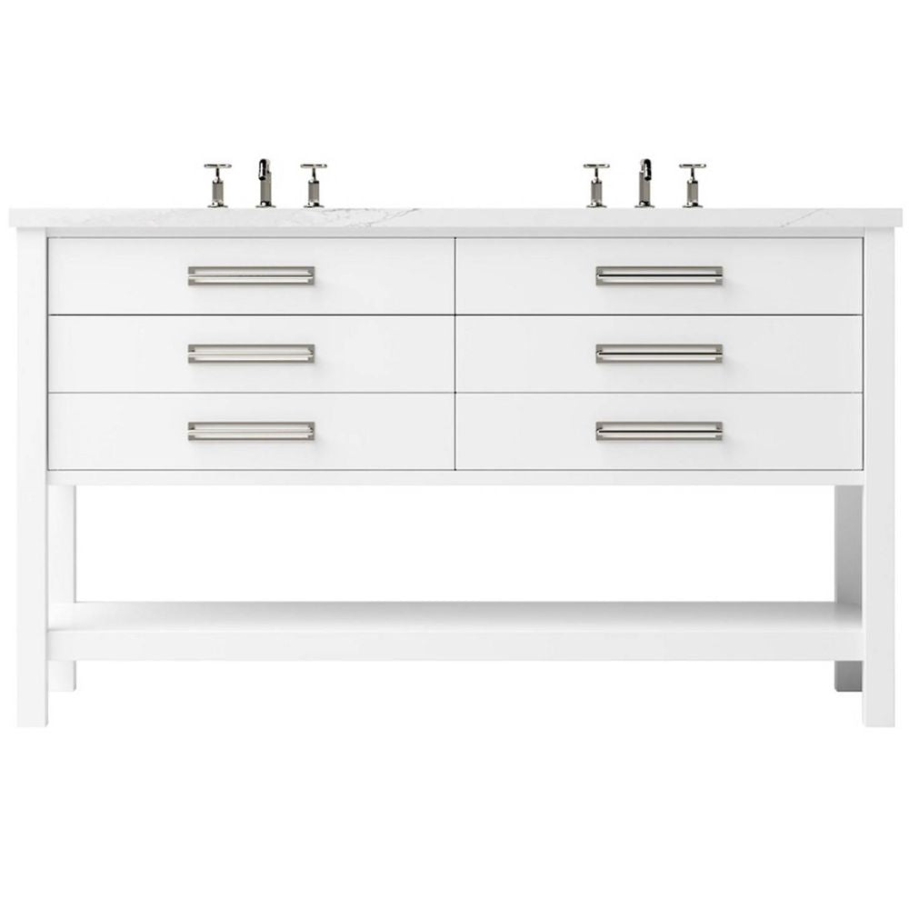 White bathroom vanity with multiple drawers and faucet fixtures on a white background