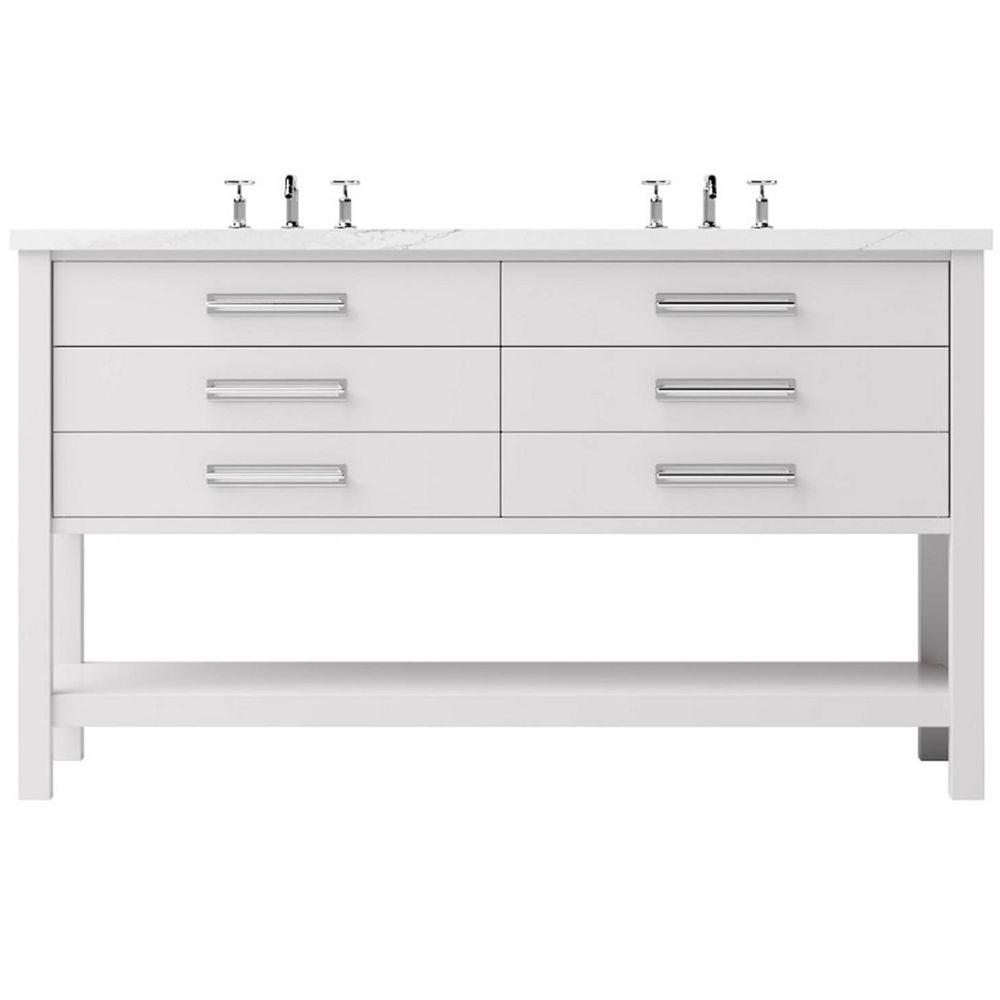 White bathroom vanity with four drawers and two sink fixtures on a white background