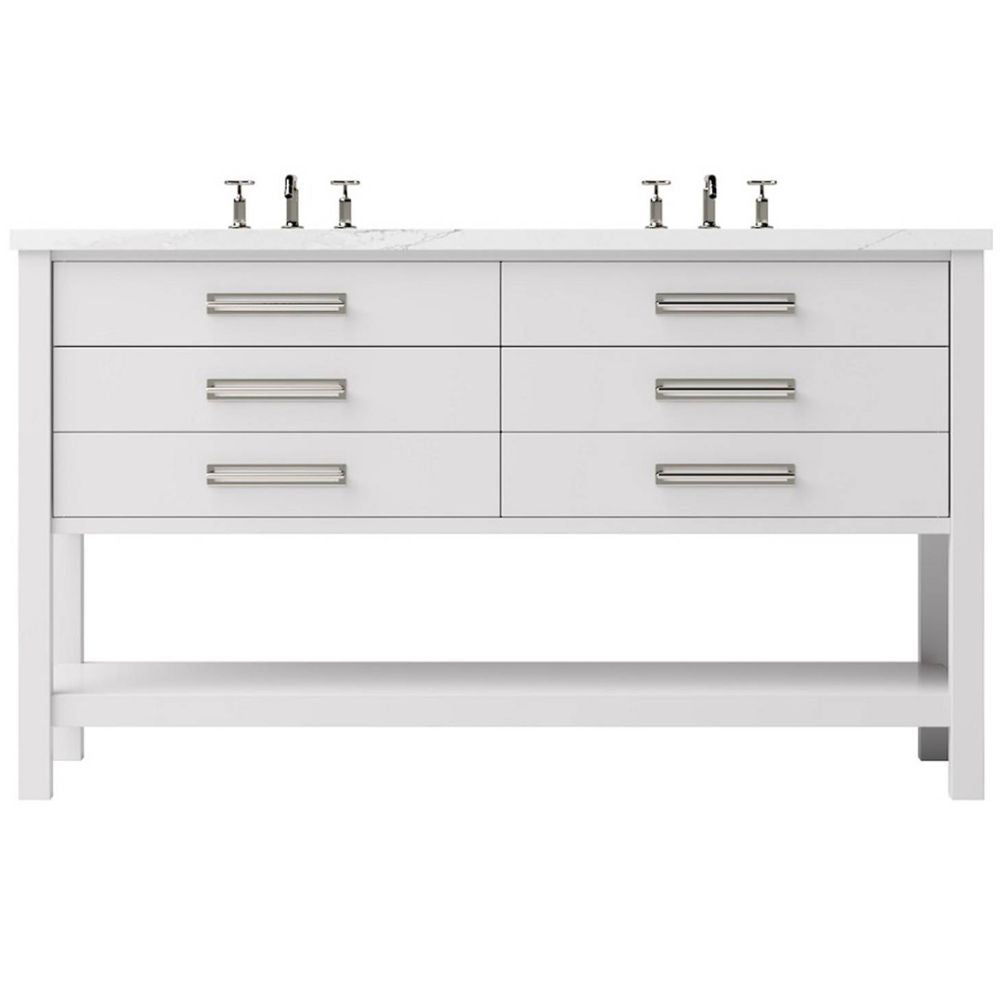 White bathroom vanity with four drawers and two sink fixtures on a white background