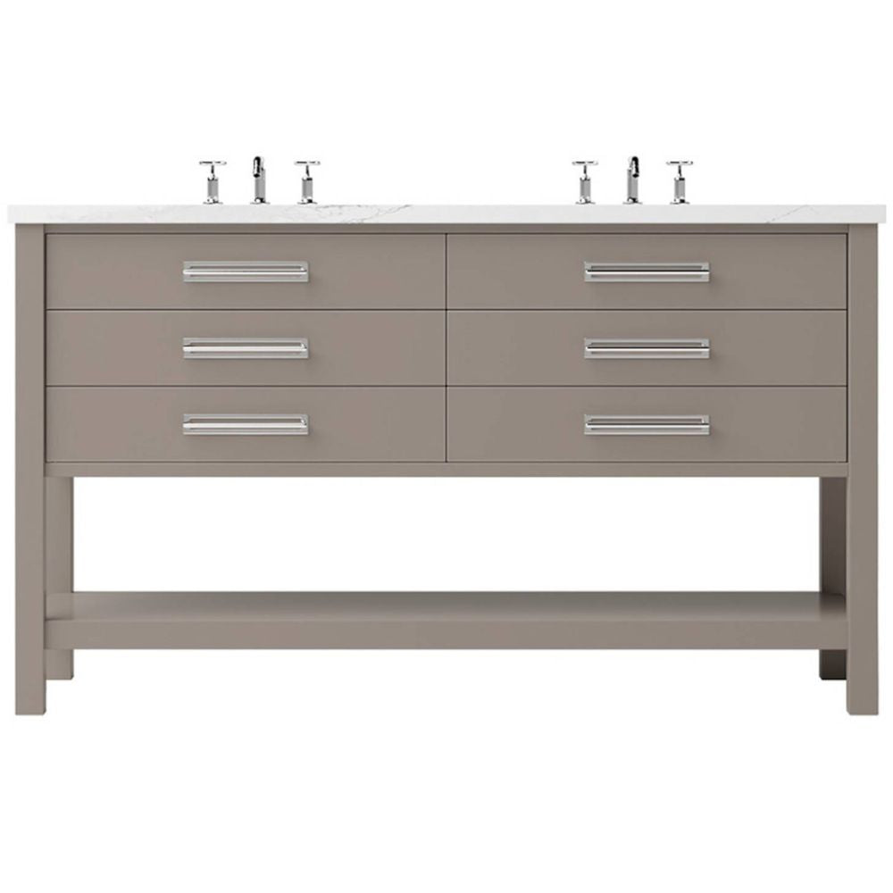 Bathroom vanity with multiple drawers and faucet fixtures on a white background