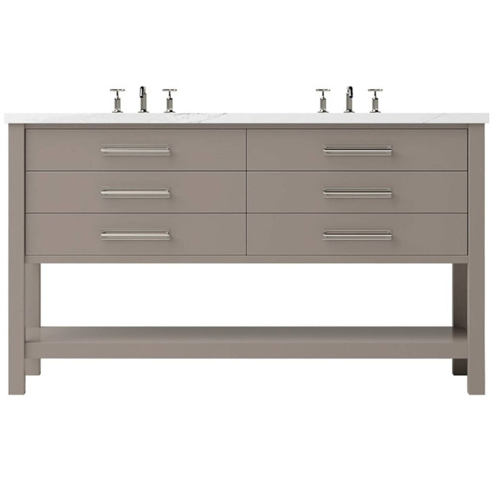 Bathroom vanity with multiple drawers and faucet fixtures on a white background