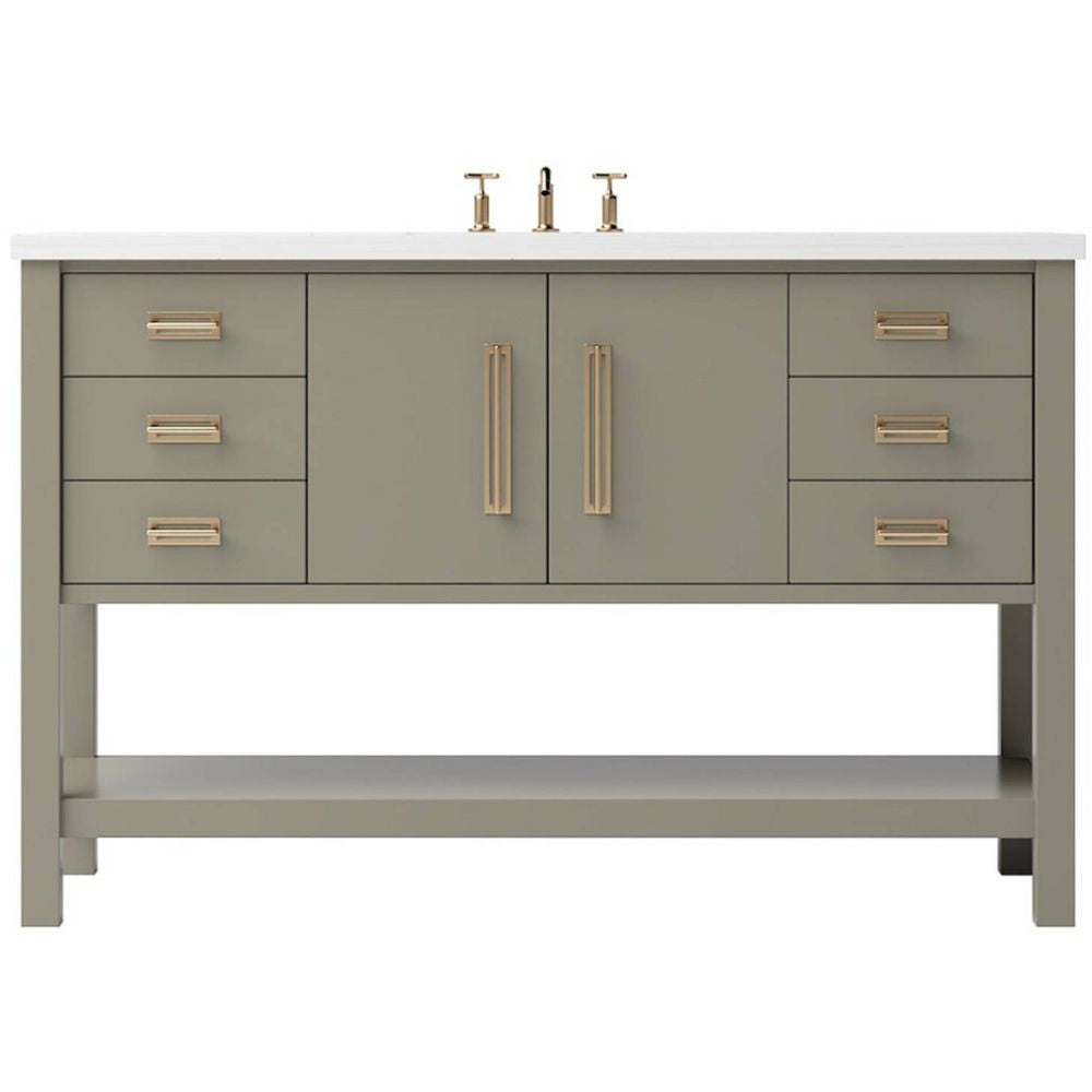 Bathroom vanity with gray cabinets, white countertop, and gold fixtures on a white background