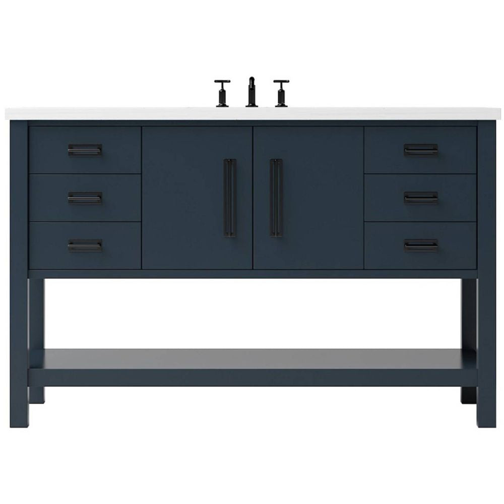 Bathroom vanity with dark blue cabinets, drawers, and a white countertop on a white background.