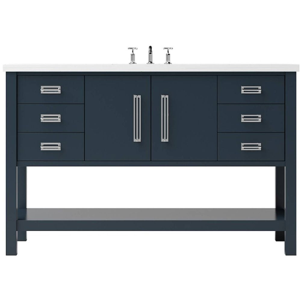 Bathroom vanity with dark blue cabinets and silver handles on a white background