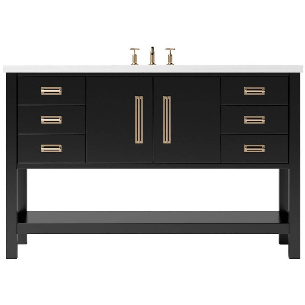 Black bathroom vanity with white countertop and gold fixtures on a white background