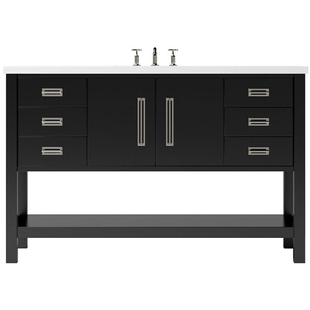 Black bathroom vanity with white countertop and silver fixtures on a white background