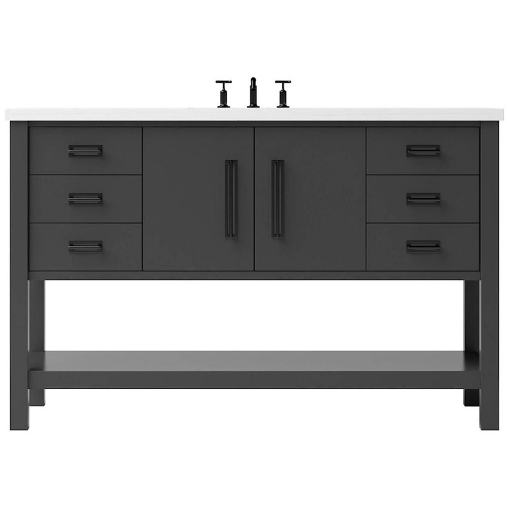 Black bathroom vanity with sink on a white background