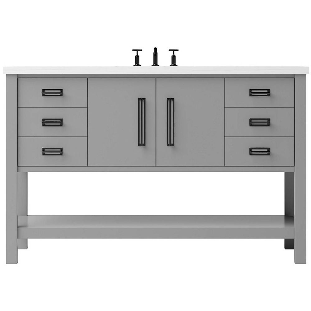 Gray bathroom vanity with black fixtures on a white background