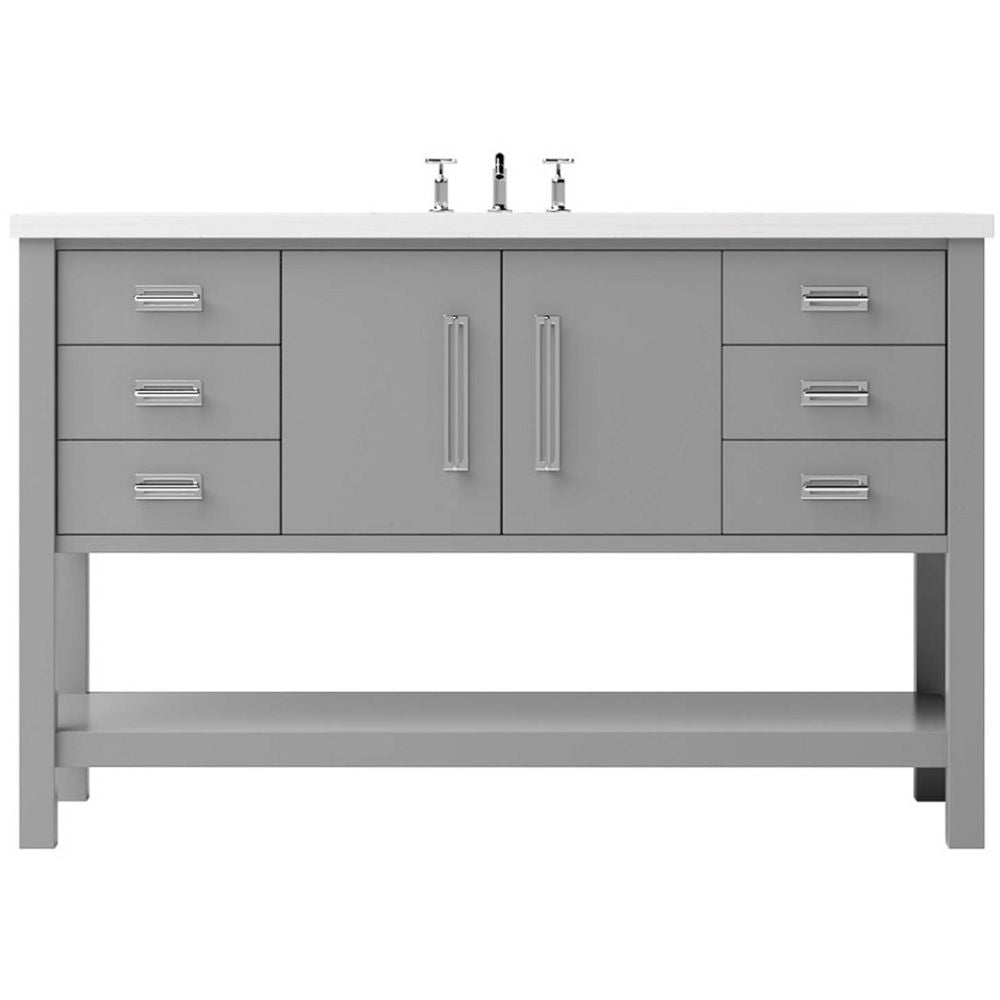 Bathroom vanity with gray cabinets, white countertop, and gold fixtures on a white background