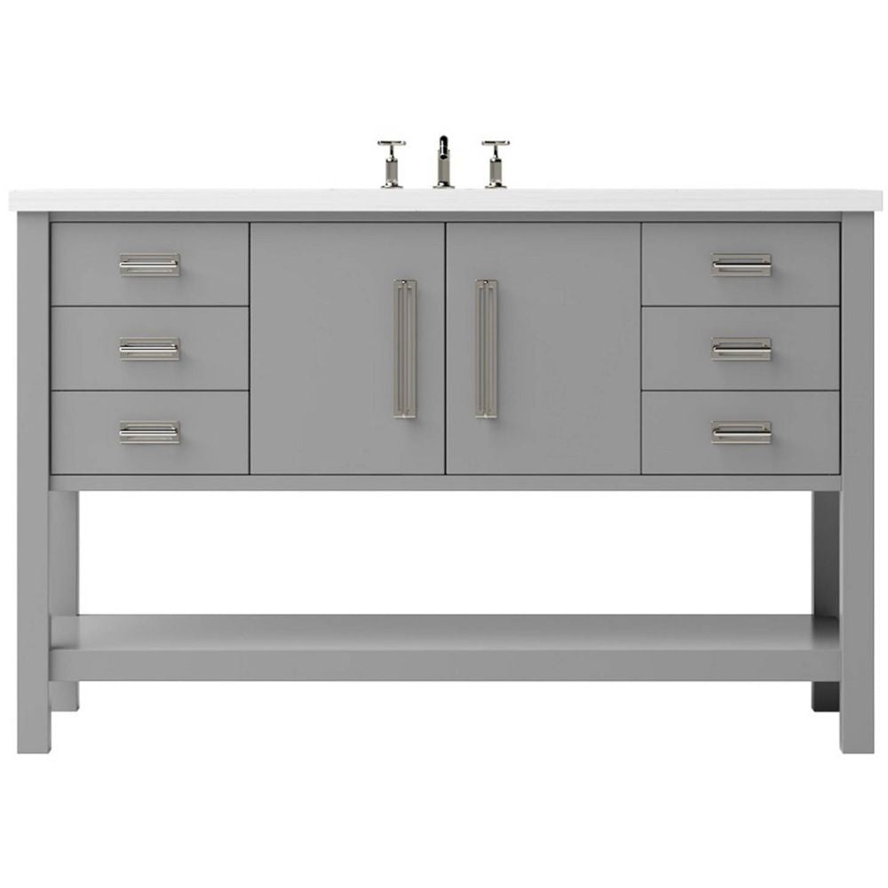 Gray bathroom vanity with black fixtures on a white background
