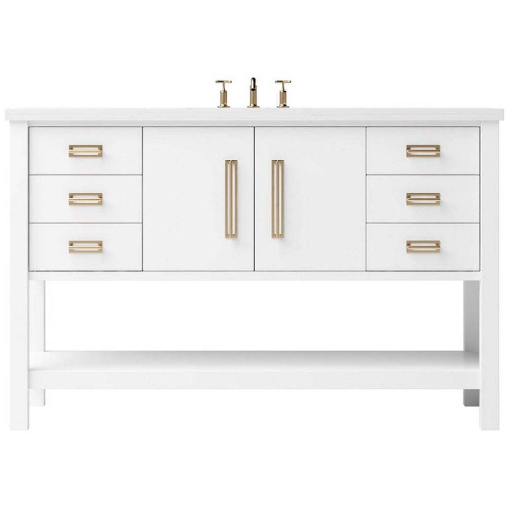 White bathroom vanity with gold handles on a white background