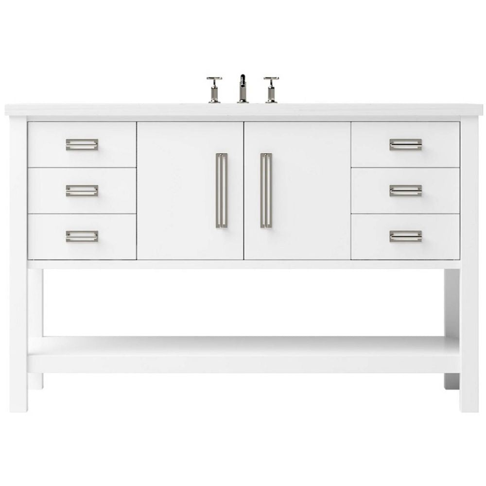 White bathroom vanity with multiple drawers and a central cabinet on a white background