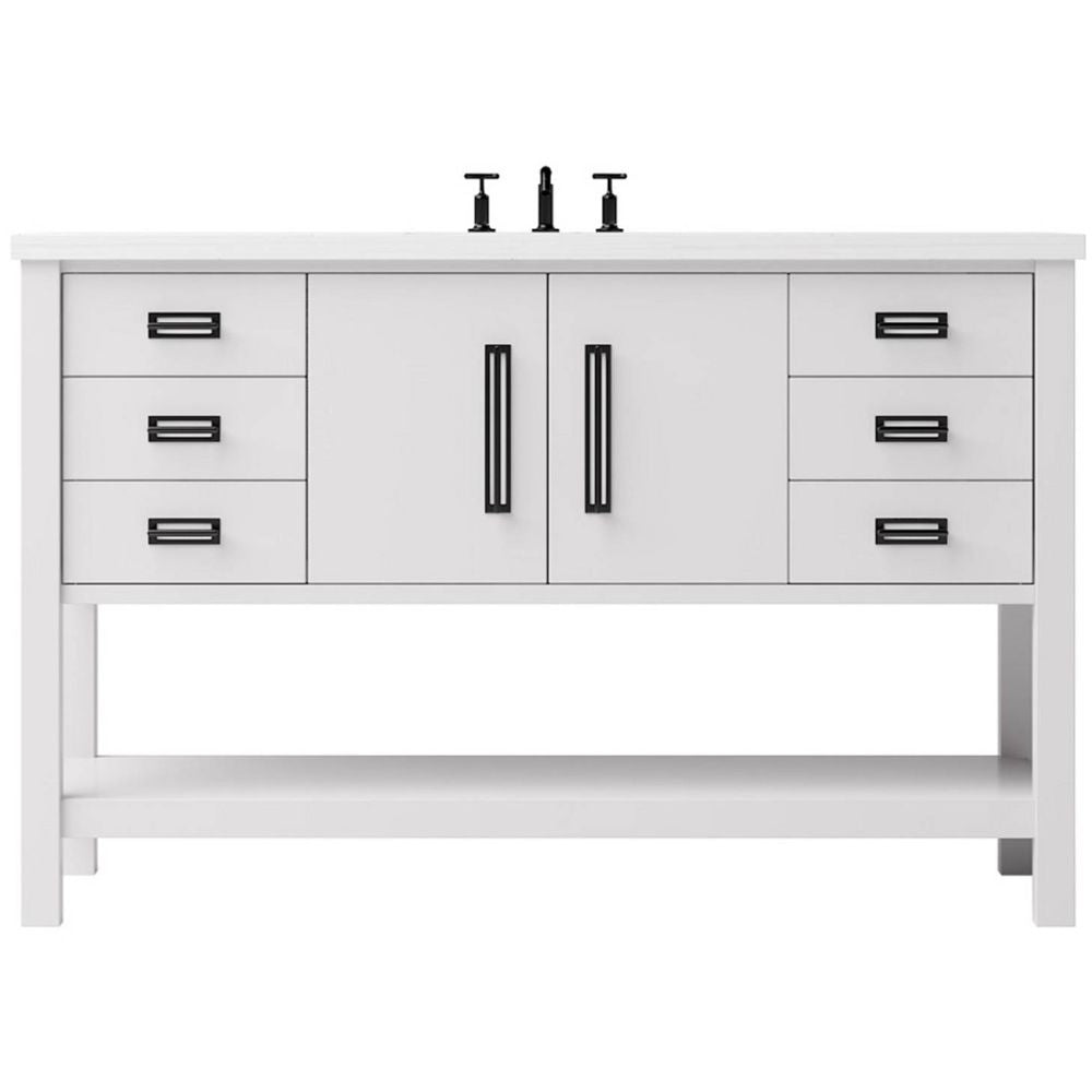 White bathroom vanity with black fixtures on a white background