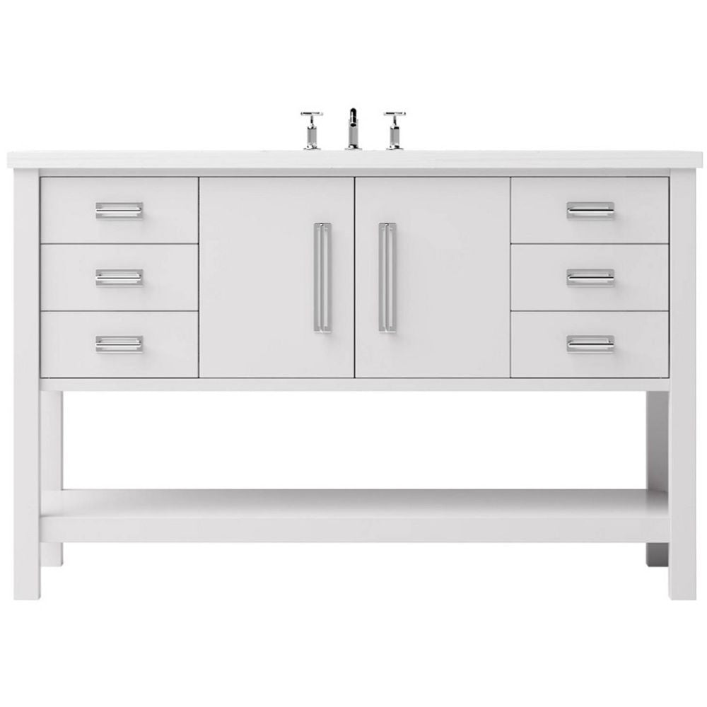 White bathroom vanity with gold fixtures on a white background