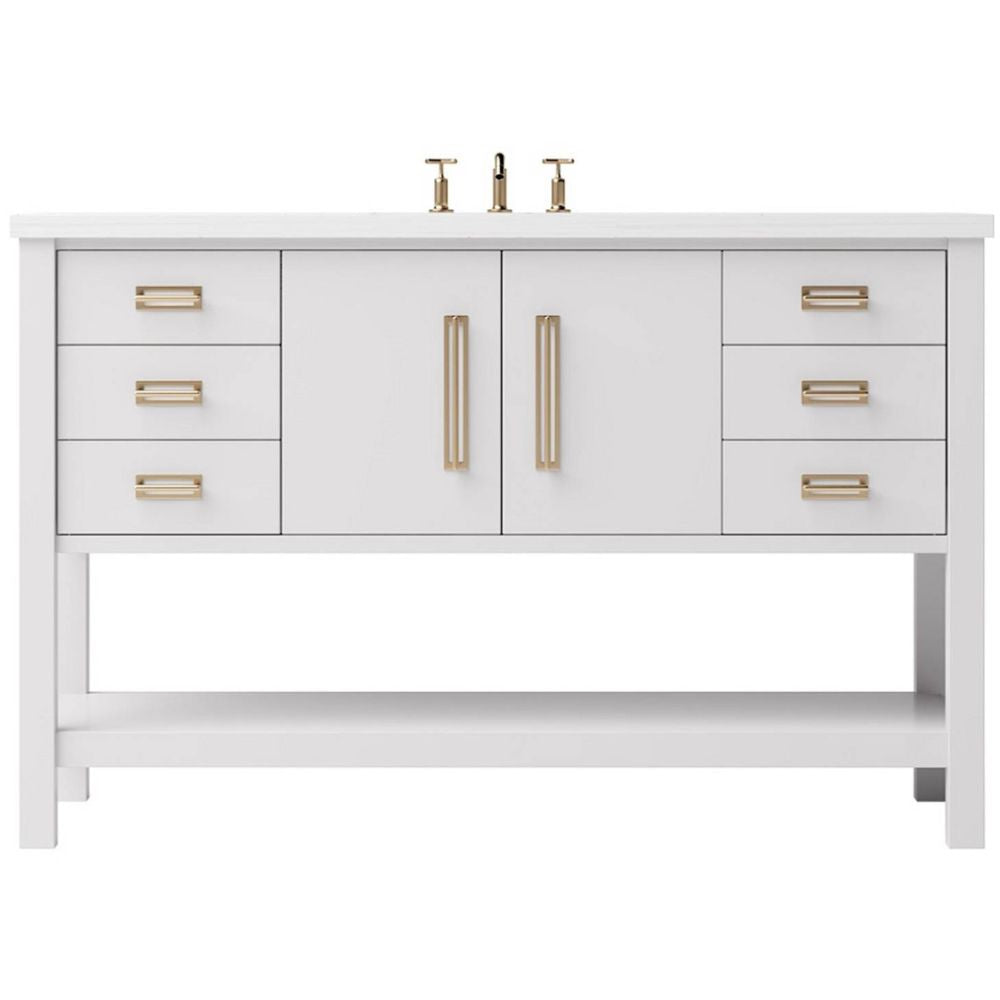 White bathroom vanity with gold fixtures on a white background