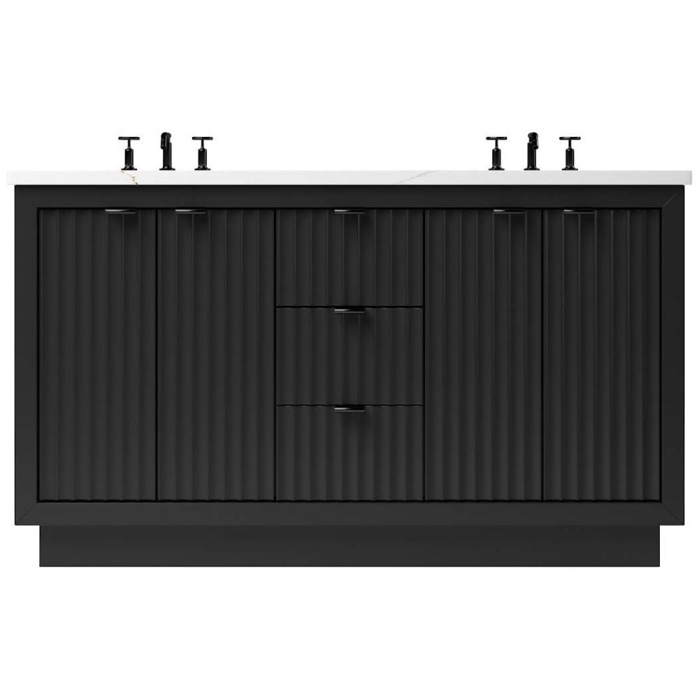 Black bathroom vanity with two sinks on a white background