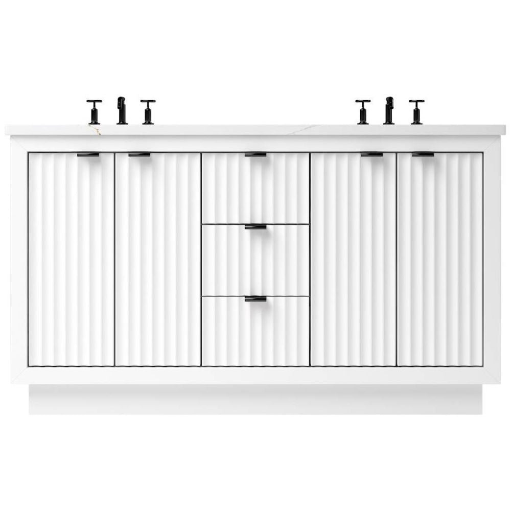 White bathroom vanity with black fixtures on a white background