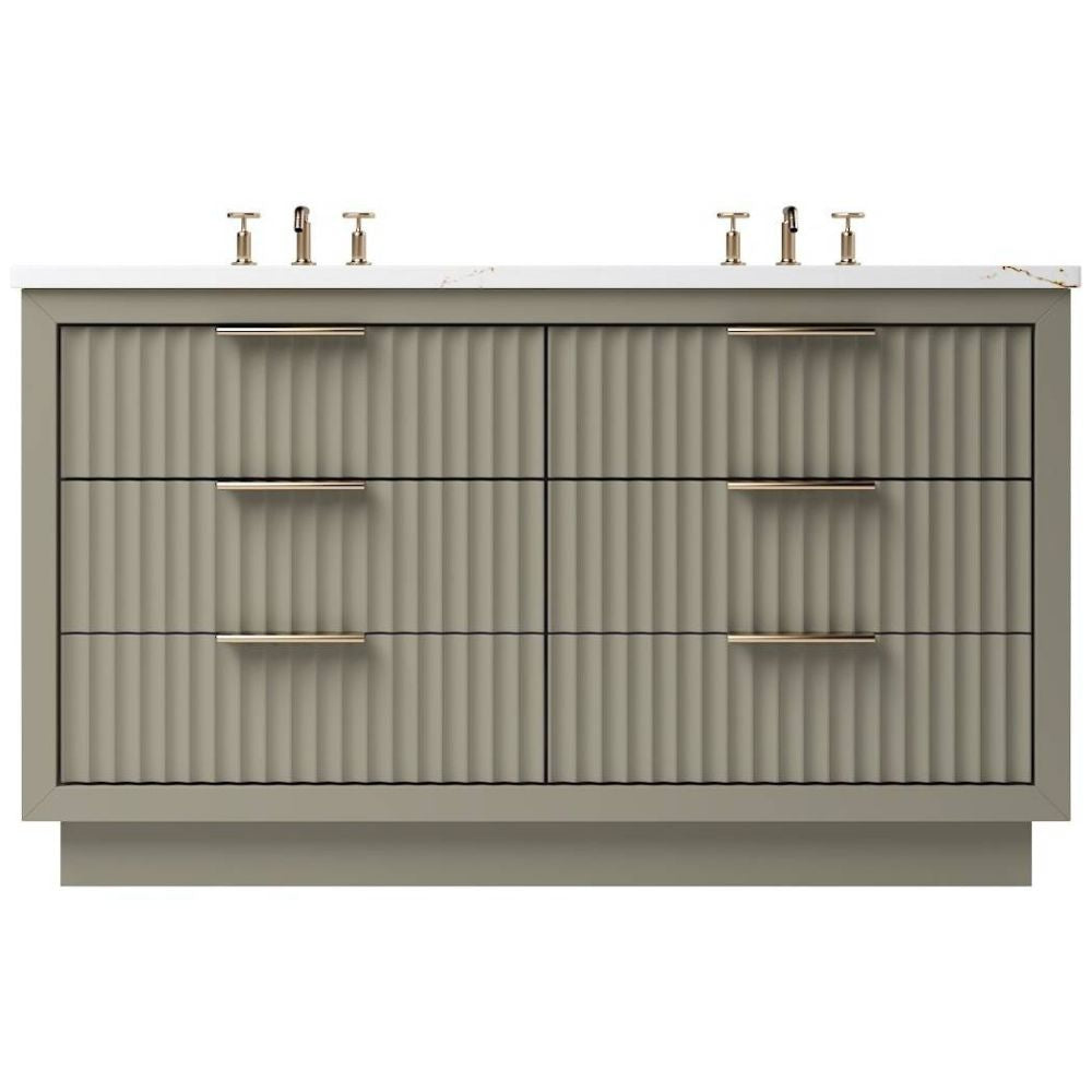 Bathroom vanity with a textured design and gold fixtures on a white background