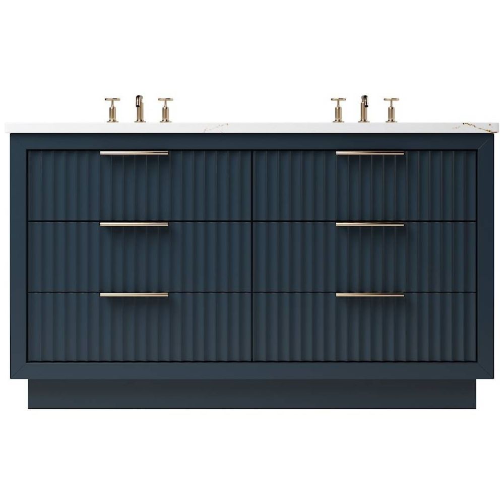 Blue bathroom vanity with white countertop and gold fixtures on a white background