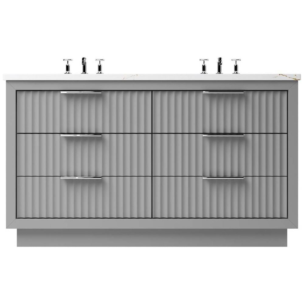 Gray bathroom vanity with four drawers and two sinks on a white background