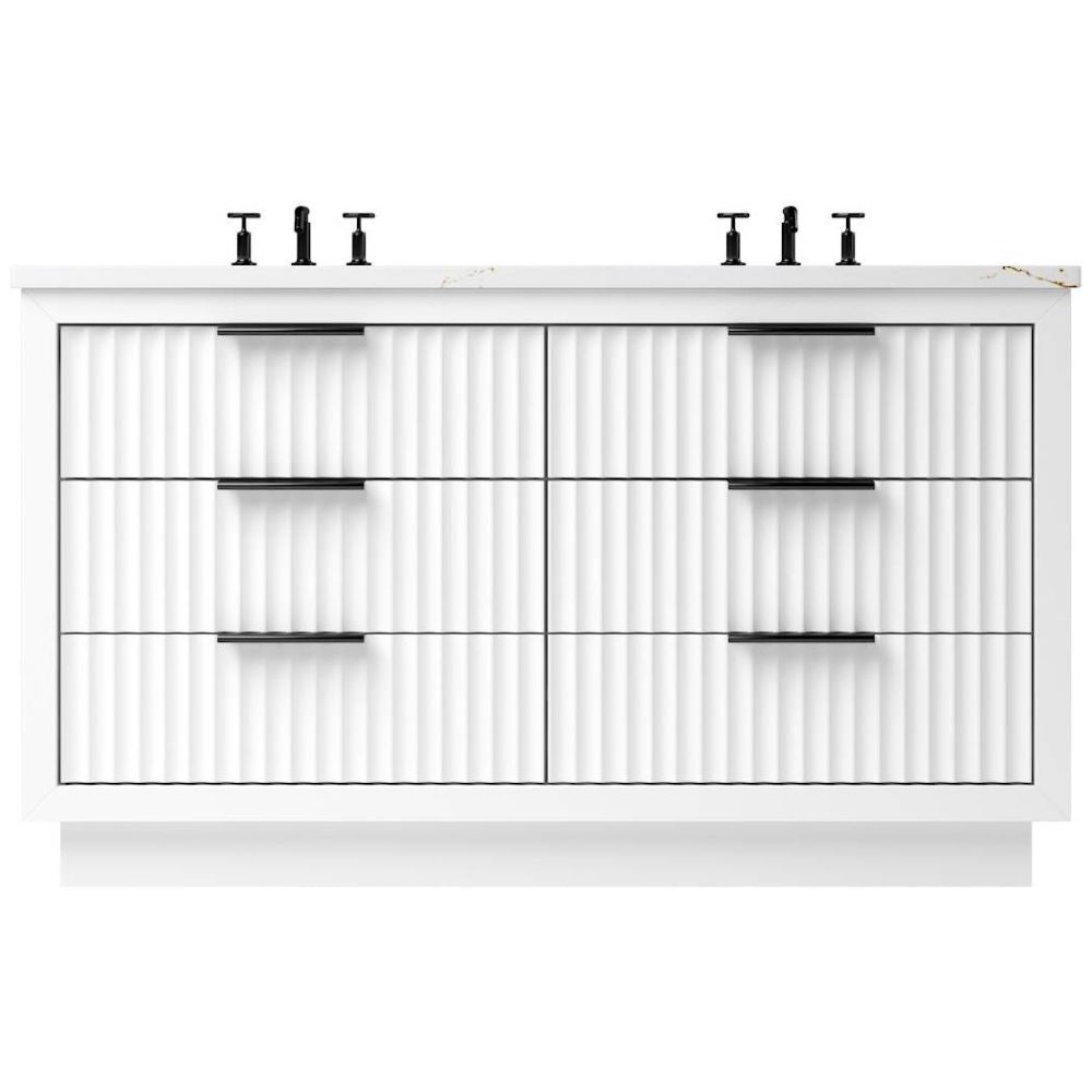 White cabinet with glass doors and black handles on a white background