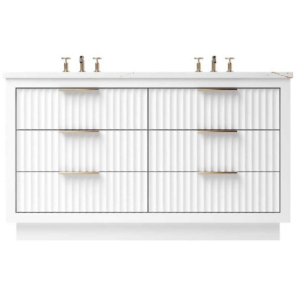 White bathroom vanity with gold fixtures on a white background