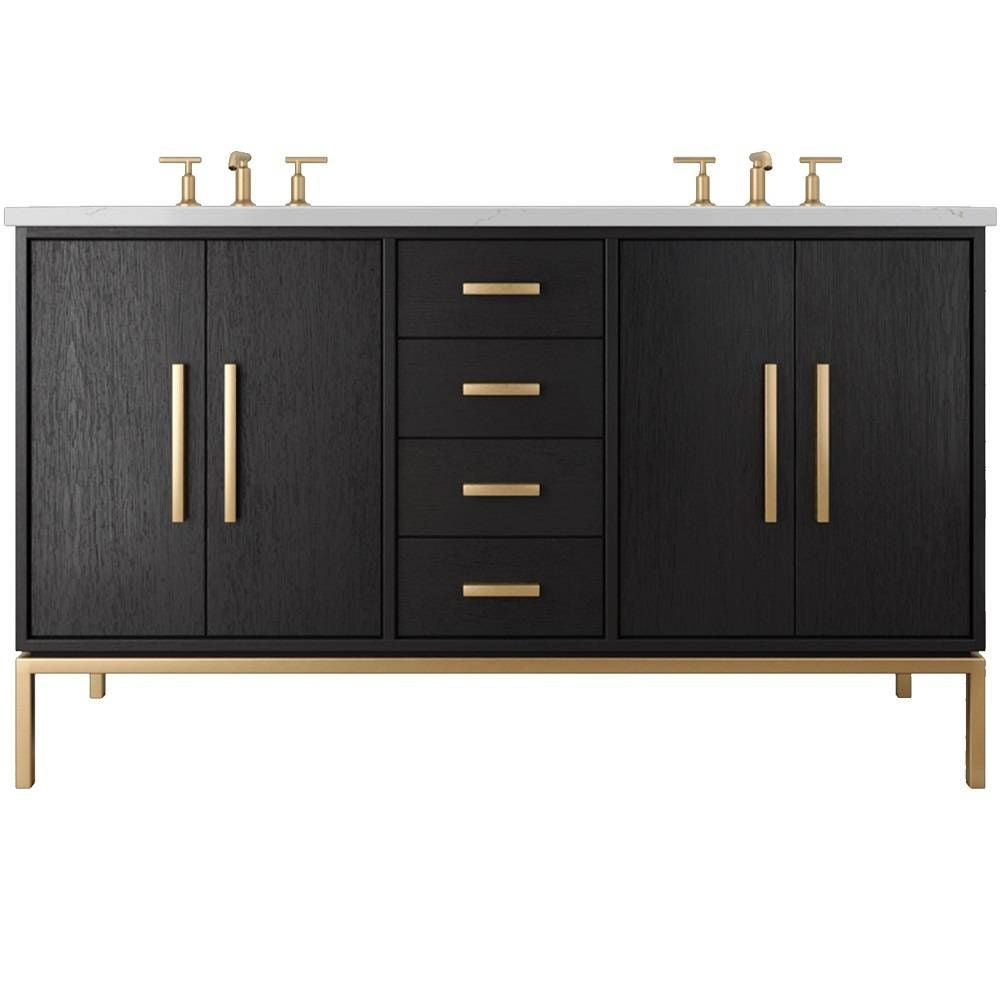 Black bathroom vanity with gold fixtures on a white background