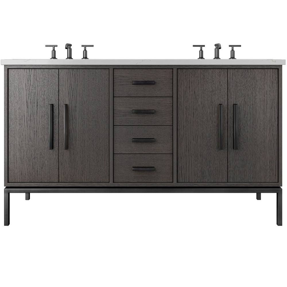 Bathroom vanity with dark wood finish, multiple cabinets, and drawers on a white background