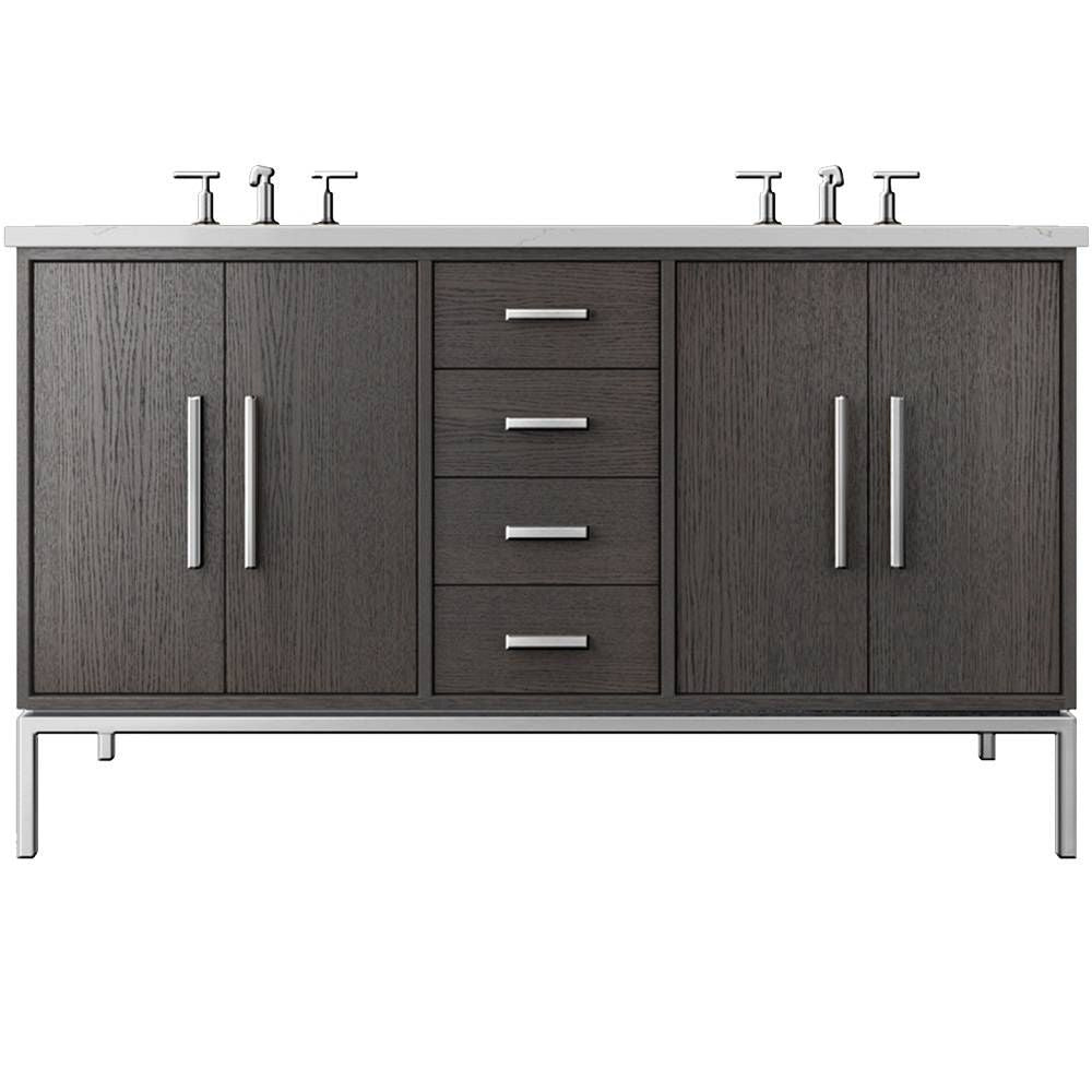 Bathroom vanity with dark wood finish and silver fixtures on a white background